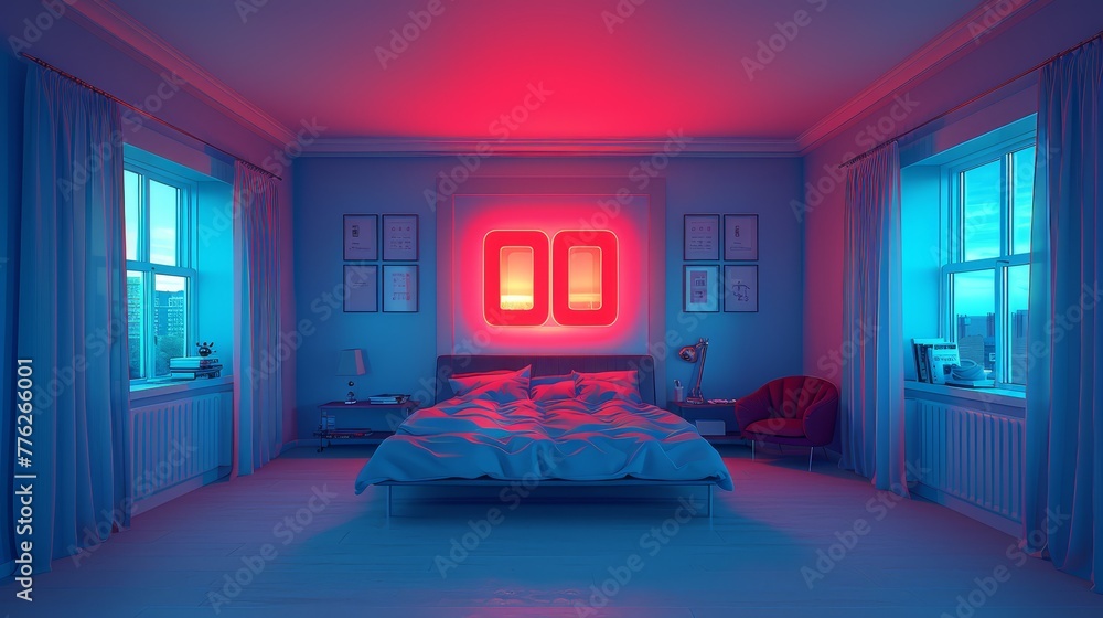 Poster a bedroom with a neatly made bed and a red light filtering in through the side window