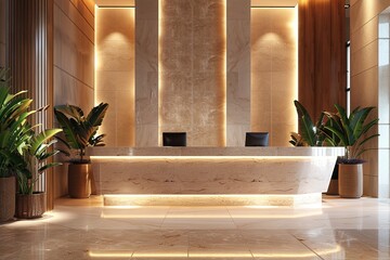 Interior of modern hotel reception with reception desk and plants, Ai Generated