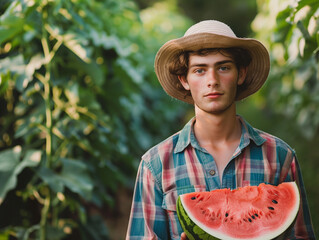 A young farmer holding watermelon