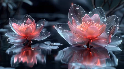 Foto op Canvas   A few water lilies float on serene water surfaces, adorned with droplets on their petals © Nadia