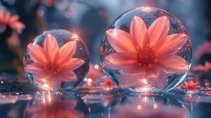   A tight shot of two glass orbs containing a bloom, atop a wet surface, surrounded by background flowers - obrazy, fototapety, plakaty