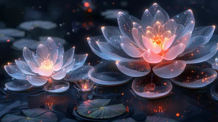 Foto op Canvas   A collection of water lilies atop a body of water, their lily pads afloat © Nadia
