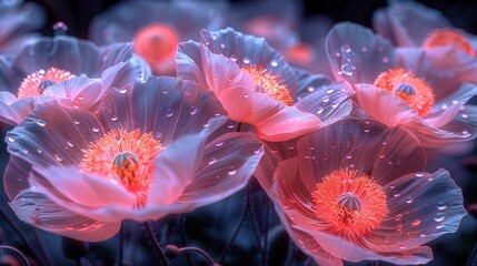   A close-up of numerous flowers with dewdrops on their petals - obrazy, fototapety, plakaty