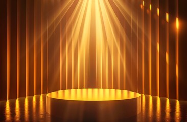 A stage with golden light rays shining down, creating an atmosphere of luxury and grandeur - obrazy, fototapety, plakaty