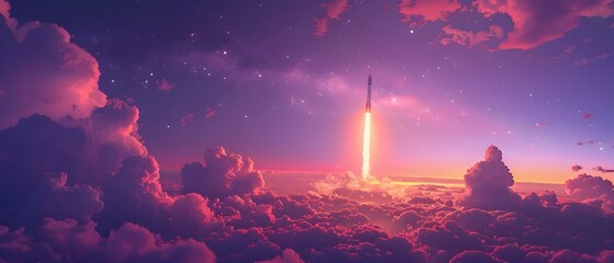 A rocket pierces through the clouds as it launches into space. Concept Space Exploration, Rocket Launch, Science Fiction, Clouds, Adventure - obrazy, fototapety, plakaty