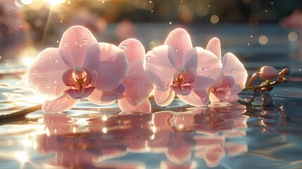   A collection of pink blossoms gently floating atop a water surface, with droplets adorning their undersides - obrazy, fototapety, plakaty