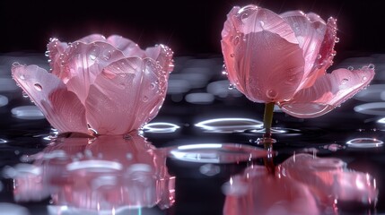   Two pink flowers atop a puddle of water against a backdrop of black
