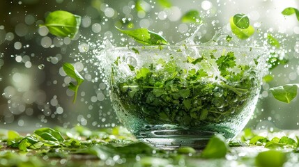   A glass bowl holds lush green plants atop a weathered wooden table, beside a window adorned with raindrops