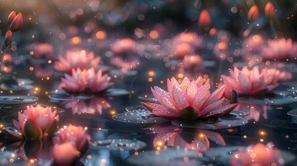 Foto op Canvas   A collection of pink water lilies afloat atop still waters, speckled with droplets © Nadia