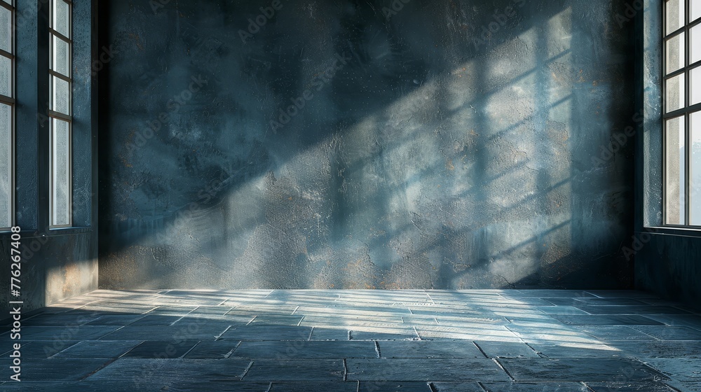Poster stone-floored side with large window, tiled floor on alternate side
