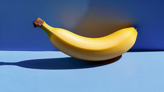   A banana, filling the frame in a tight shot, sits against a blue backdrop Its reflection casts a banana-shaped shadow to the side