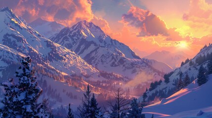 Sunrise over the snowy mountains generative ai