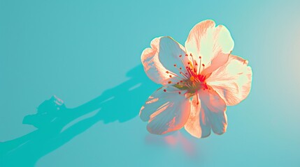   A tight shot of a flower against a blue backdrop, its long shadow extending below Nearby, a person casts a shadow beside the blossom - obrazy, fototapety, plakaty