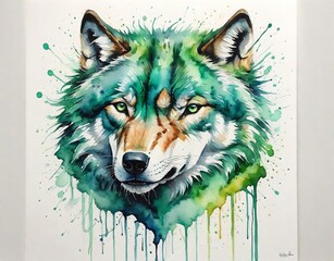 abstract watercolor painitng of wolf head