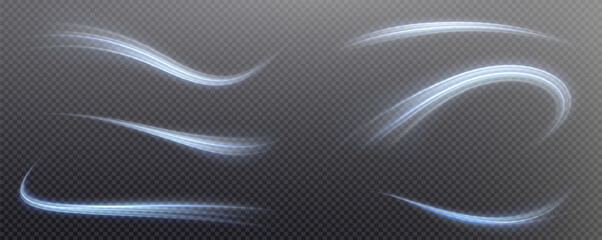 Vector png background with blue glowing lines. Blue glowing lines of speed. Light glow effect. Light trail wave, fire trail line and glow curve swirl.