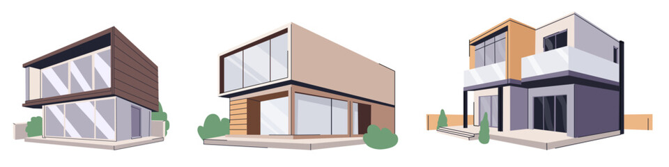 Modular construction of houses architecture modern house glass and wood villa. Collection of contemporary modular block homes. Flat illustration for landing pages, banners, brochures, sales