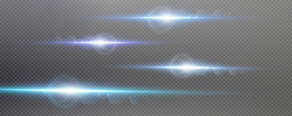 Set of realistic vector blue stars png. Set of vector suns png. Blue flares with highlights. Horizontal light lines, laser, flash.