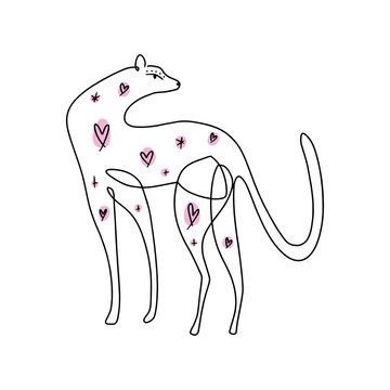Cute linear panther boho magic leopard. Modern abstract print. Groovy doodle funky fine art style. Cosmic celestial minimalistic wild cat in cartoon childish style. Wild African animal poster or