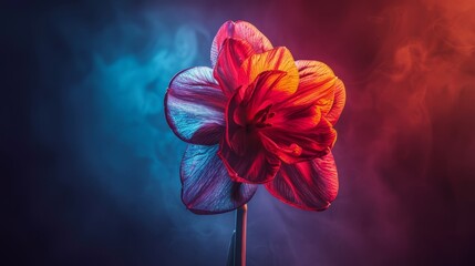   A red-and-blue bloom against a backdrop of blue and red, with petal smoke emerging