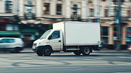 Street mock-up. White delivery van in motion on a busy city street, showcasing urban logistics and the pace of city life with blurred background for a sense of speed. Truck blind van mockup