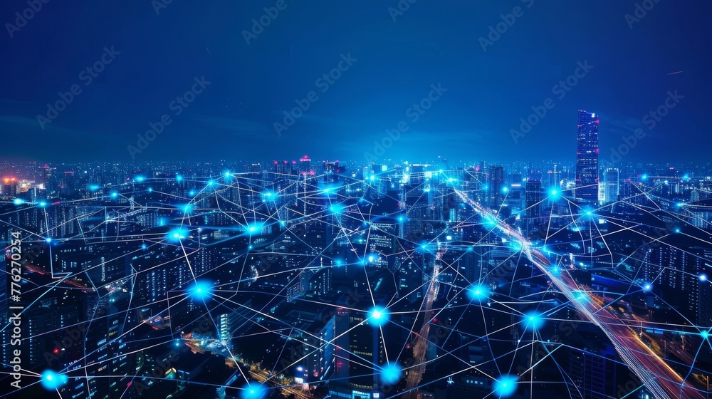 Poster imaginative visual of smart digital city with globalization abstract graphic showing connection netw