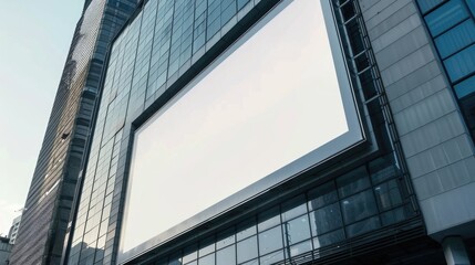 Obraz premium A large blank billboard ready for branding, placed on a modern office building against a backdrop of a sunny sky with fluffy clouds, evoking potential and opportunity. Street mockup, advertising