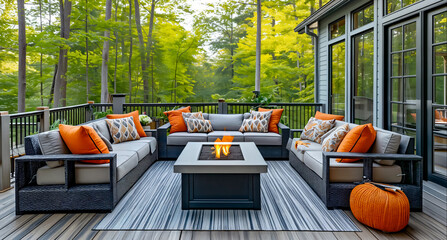 Cozy Deck with Seating and Fire Pit in the woods. Spring Deck Refresh - obrazy, fototapety, plakaty