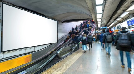 A bright advertisement display stands out in the subdued lighting of a subway station, capturing the attention of commuters against the backdrop of an approaching train. Illuminated Subway Ad Panel - obrazy, fototapety, plakaty