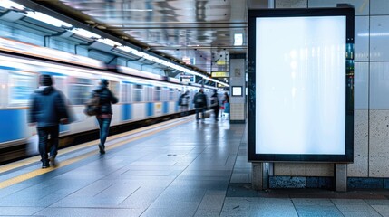 A bright advertisement display stands out in the subdued lighting of a subway station, capturing the attention of commuters against the backdrop of an approaching train. Illuminated Subway Ad Panel