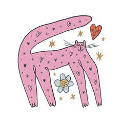 Cute pink panther boho magic leopard. Modern abstract print. Groovy doodle funky fine art style. Cosmic celestial minimalistic wild cat in cartoon childish style. Wild African animal poster or leaflet - 776270645