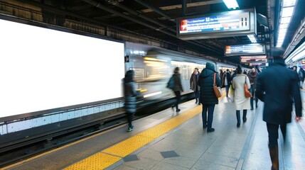 A bright advertisement display stands out in the subdued lighting of a subway station, capturing the attention of commuters against the backdrop of an approaching train. Illuminated Subway Ad Panel - obrazy, fototapety, plakaty