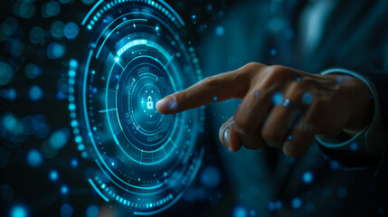 A man is pointing to a blue circle with a padlock on it. Concept of security and protection. Digital concept.