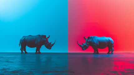   Two rhinos near, walls in hue contrast,..One blue and pink, the other red and blue - obrazy, fototapety, plakaty