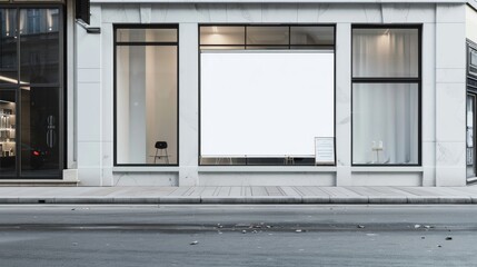 Street-facing blank display window nestled between urban greenery and a boutique entrance, perfect for business advertising in a pedestrian area. Modern Café Exterior with Blank Wall. Street mockup