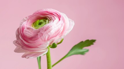   A pink flower, closely framed against a uniform pink backdrop, showcases its charm The green stem elegantly stands out, positioning itself at the heart of this bloom