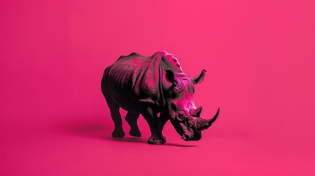   A rhino in pink background, repeated with a black rhino overlay