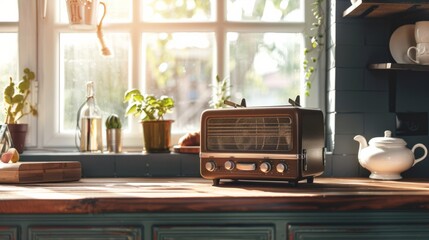 stylish retro radio player on a wooden table generative ai