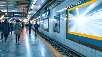 Obraz premium A bright advertisement display stands out in the subdued lighting of a subway station, capturing the attention of commuters against the backdrop of an approaching train. Illuminated Subway Ad Panel