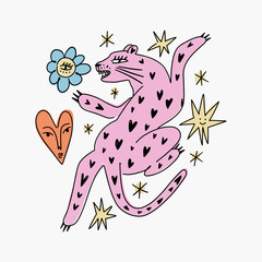 Cute pink panther boho magic leopard. Modern abstract print. Groovy doodle funky fine art style. Cosmic celestial minimalistic wild cat in cartoon childish style. Wild African animal poster or leaflet - 776271403