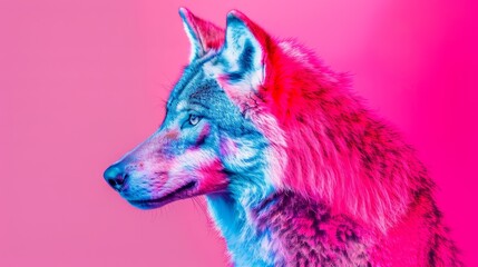   A tight shot of a dog's head against a mismatched pink and blue background