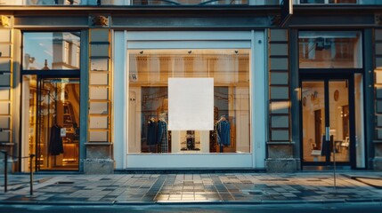 Boutique Storefront with Digital Display. An elegant boutique shop window at dusk, featuring a digital display screen for dynamic advertising amidst luxurious fashion items. Street mockup, advertising