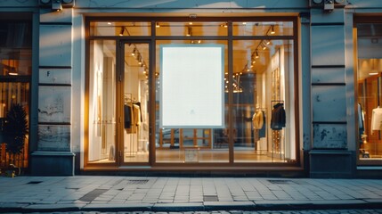 Boutique Storefront with Digital Display. An elegant boutique shop window at dusk, featuring a digital display screen for dynamic advertising amidst luxurious fashion items. Street mockup, advertising