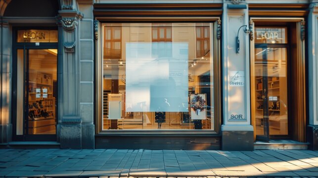 Boutique Storefront with Digital Display. An elegant boutique shop window at dusk, featuring a digital display screen for dynamic advertising amidst luxurious fashion items. Street mockup, advertising
