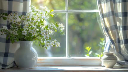   A window sill holds two vases, each filled with white flowers
