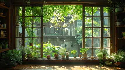   A window brimming with numerous plants adjacent to a sill, framing a view of water