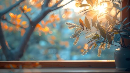   A potted plant sits by a sunlit window sill, leaves bathed in sunlight