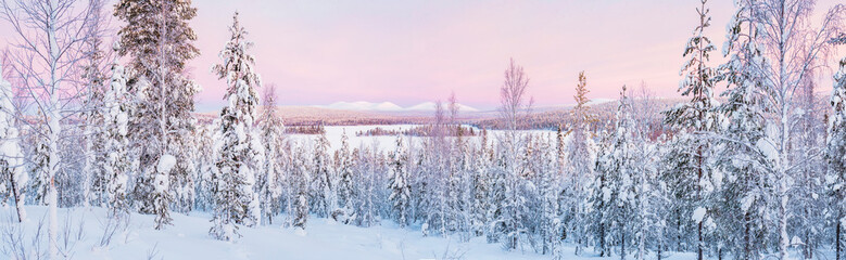Frozen snow covered lake in the winter landscape in Lapland at sunset inside the Arctic Circle in Fi