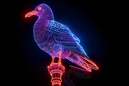 Neon wireframe seagull on glowing street lamp isolated on black background.