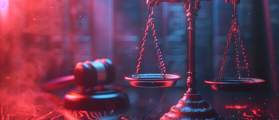 Judge Gavel And Scale Of Justice On Wooden Table Background And Books. Law Concept Abstract Web Banner On Red And Blue Background. Layer Or Attorney Workspace