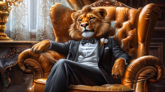   A painting of a lion in a tuxedo seated in a chair, paws resting on the chair back